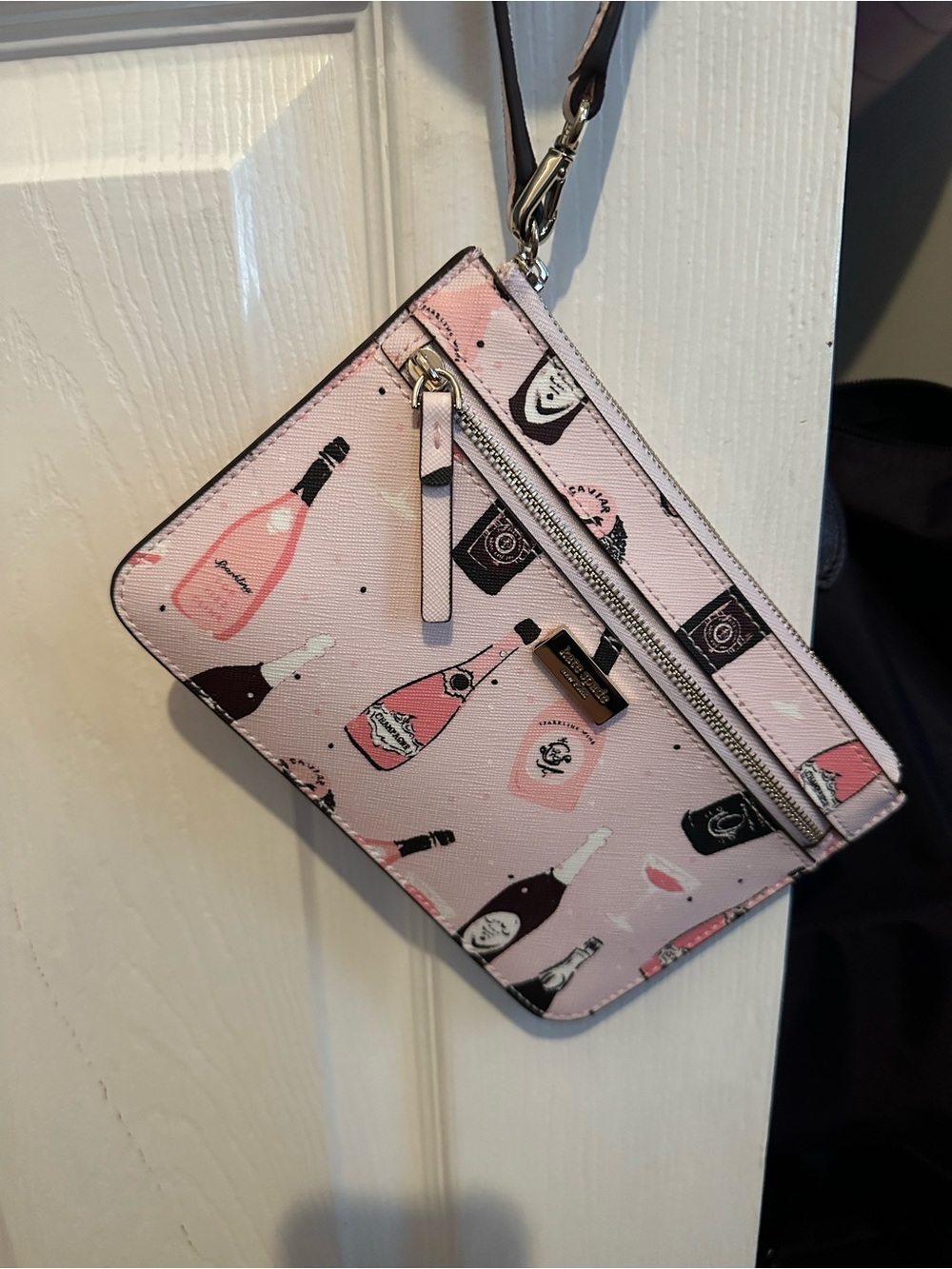 kate spade Pink Champagne Bottle Print Wristlet Clutch